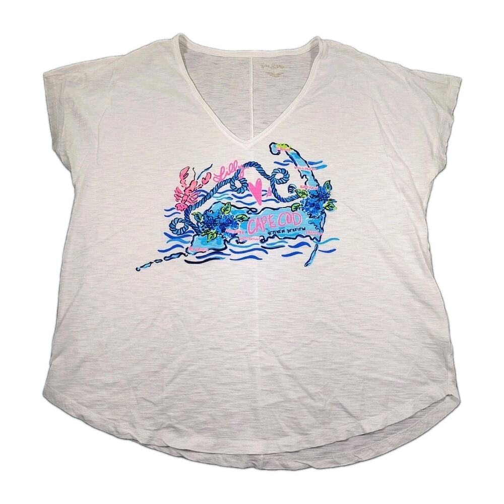 Lilly Pulitzer V-Neck Cotton Tee Women's L White Cape Cod Graphic T Shirt Pima